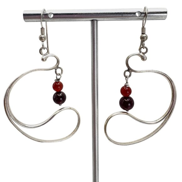 Sterling Silver 925 Red & Black Crystal Freeform Dangle Earrings 2.5" Length - Picture 1 of 9